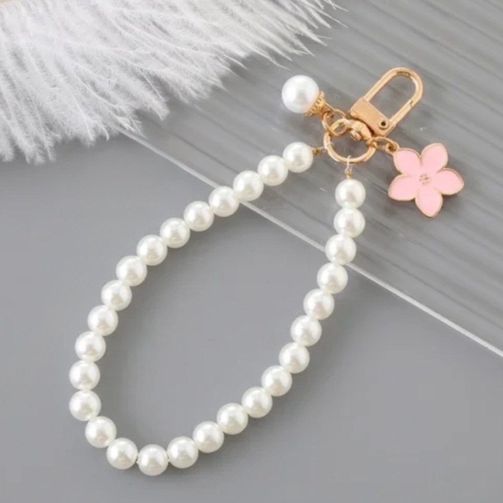 Pearl Beaded Wristlet Keychain / Purse Charm with Pink Flower
